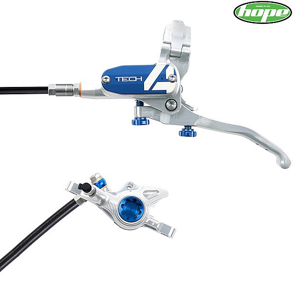 Hope Tech 4 X2 Post Mount Front Right Disc Brake Silver Blue Caliper Lever Standard Hose
